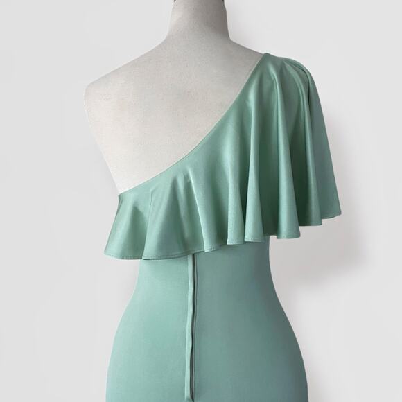 Vtg 70s Maxi Dress 10 Mint Green One Shoulder Ruffle Fairy Goddess Prom Gown - Picture 6 of 10
